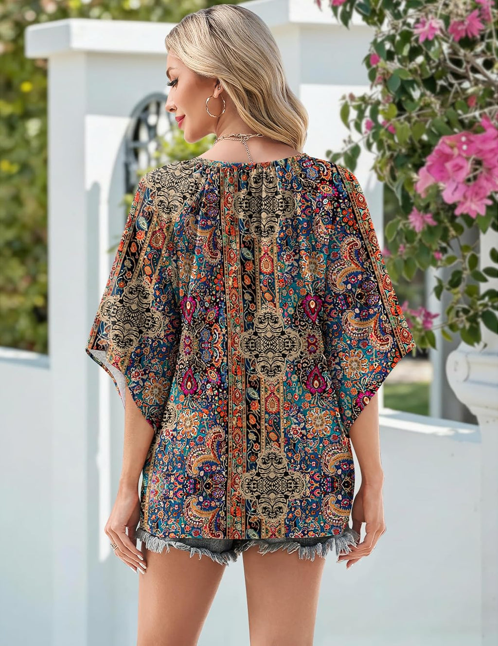 Sofia Blouse Femme – Bohème Florale, Col en V, Manches 3/4, Tunique Décontractée