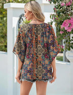 Sofia Blouse Femme – Bohème Florale, Col en V, Manches 3/4, Tunique Décontractée
