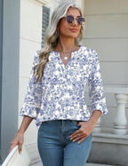 Alessia Túnica Mujer – Escote en V, Mangas 3/4, Dobladillo Curvo, Blusa Elegante Casual