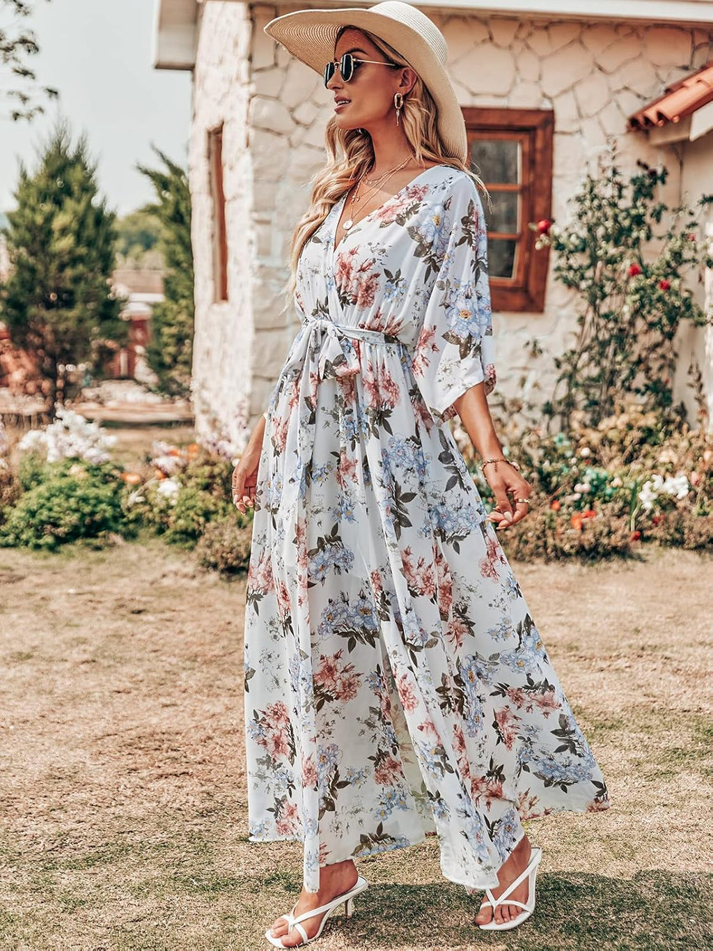 Marina Robe Femme Maxi Florale – Col en V, Portefeuille, Fente, Bohème Estival
