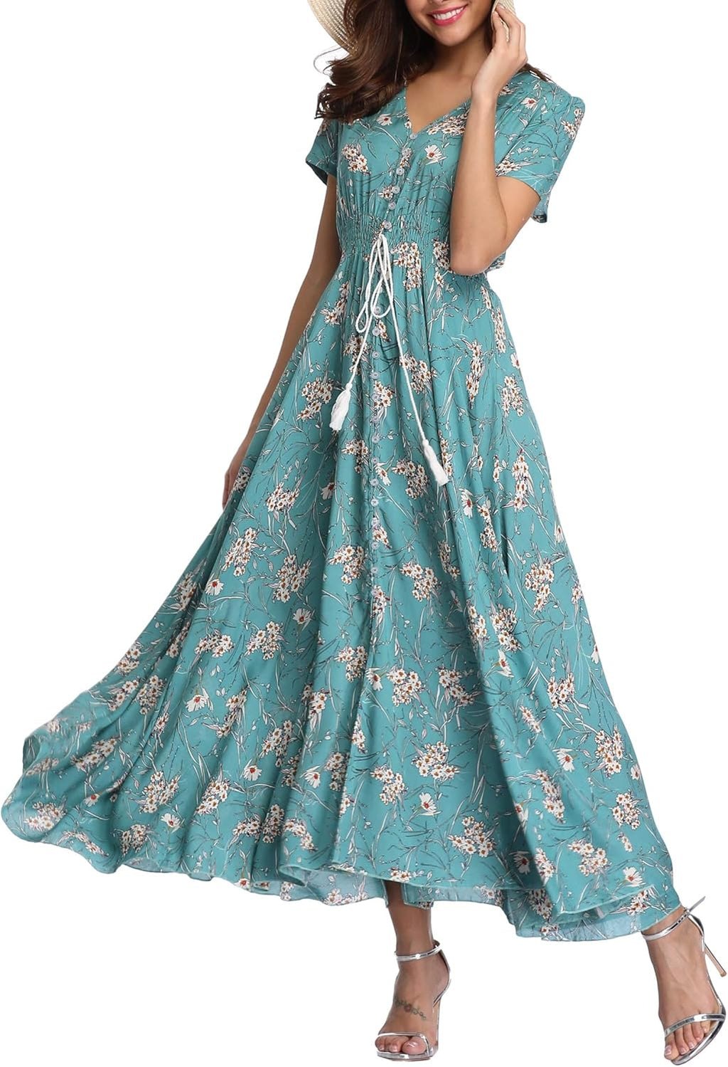 Robe maxi bohème Sienna pour femme – Robe fleurie avec col en V et boutons