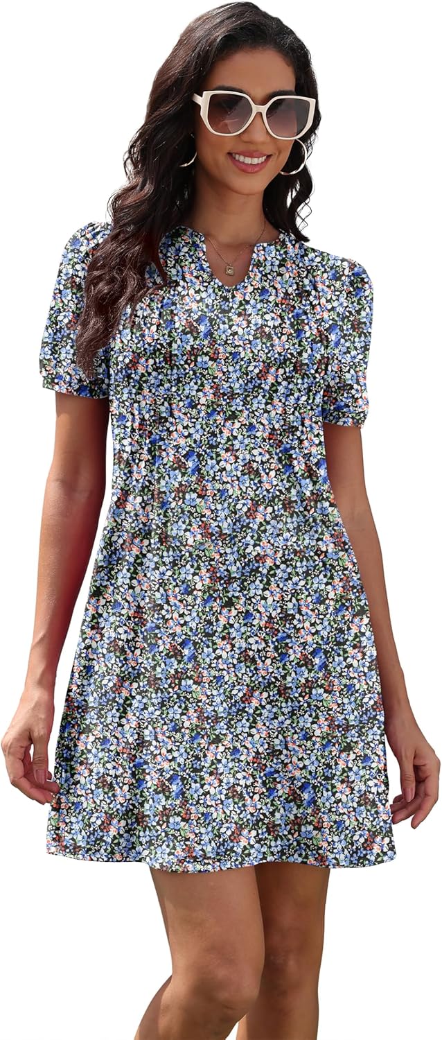 Elena Robe Femme T-shirt – Robe Col en V Manches Courtes Poches Décontractée d'Été