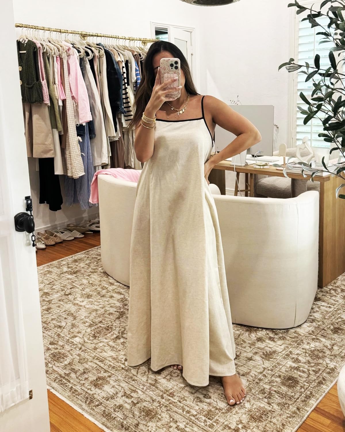 Martina Robe Maxi Femme – Lin, Bretelles Fines, Dos Nu, Décontracté