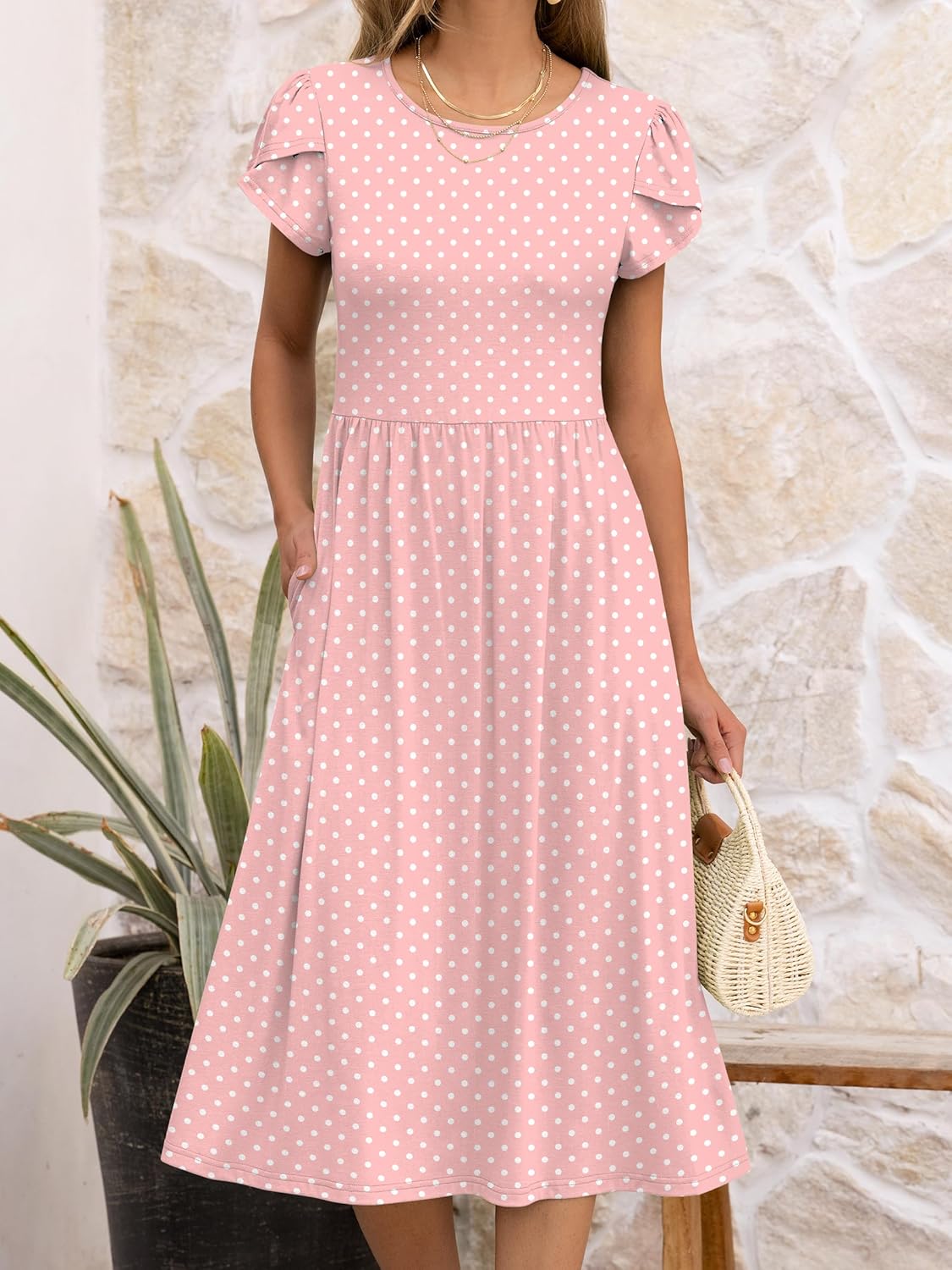 Robe midi florale Elisa pour femme – manches courtes, col rond, coupe trapèze avec poches