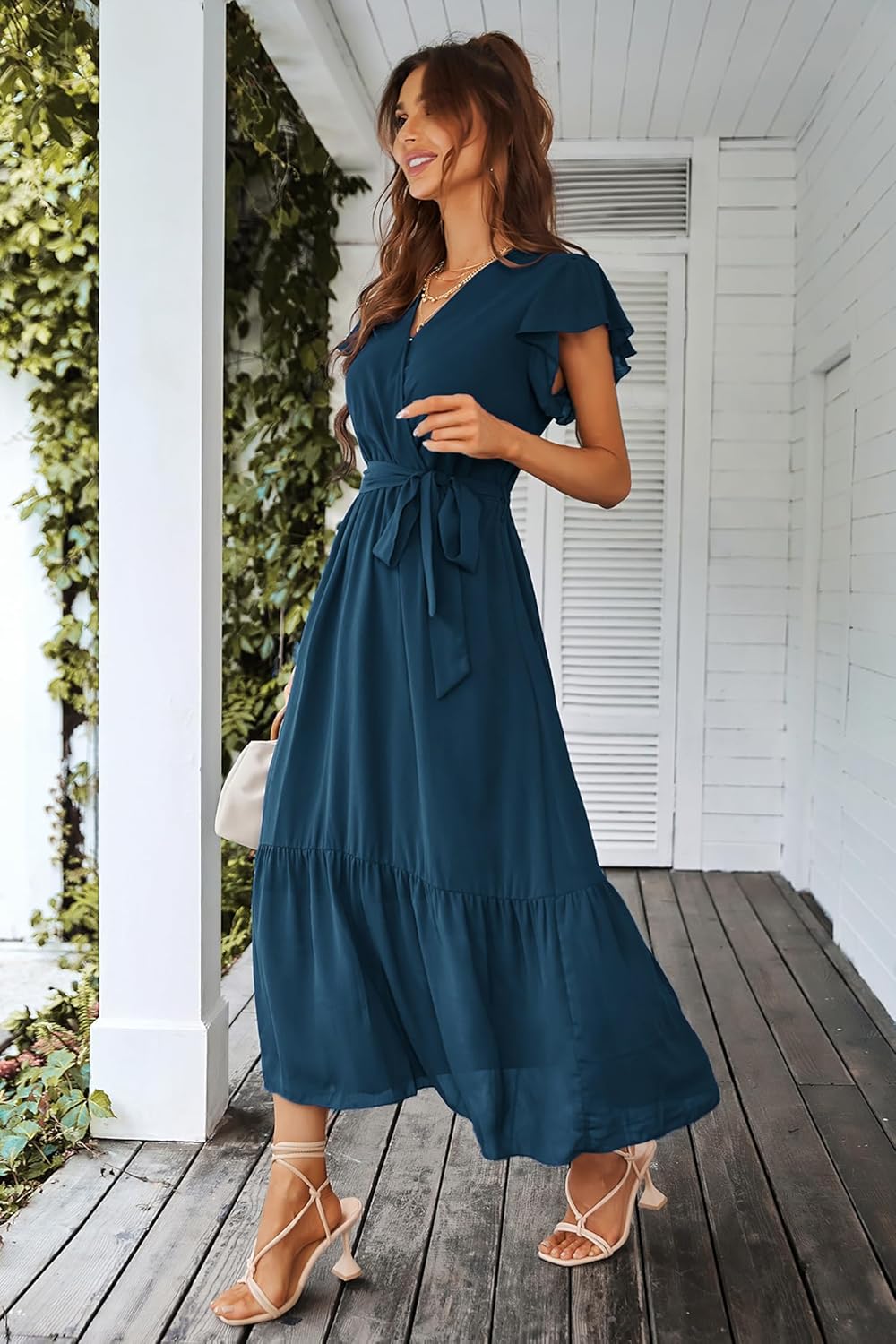 Valentina Robe Bohème pour Femme – Robe Maxi Fleurie avec Col en V et Ceinture