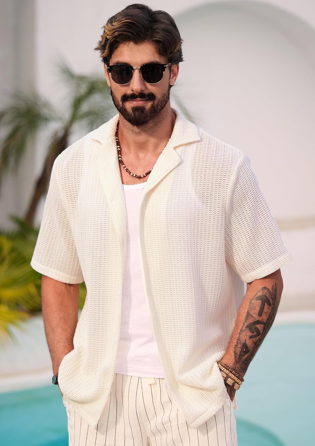 Lorenzo Camicia Camisa de Crochet para Hombre – Camisa de Verano en Punto Calado Estilo Cubano