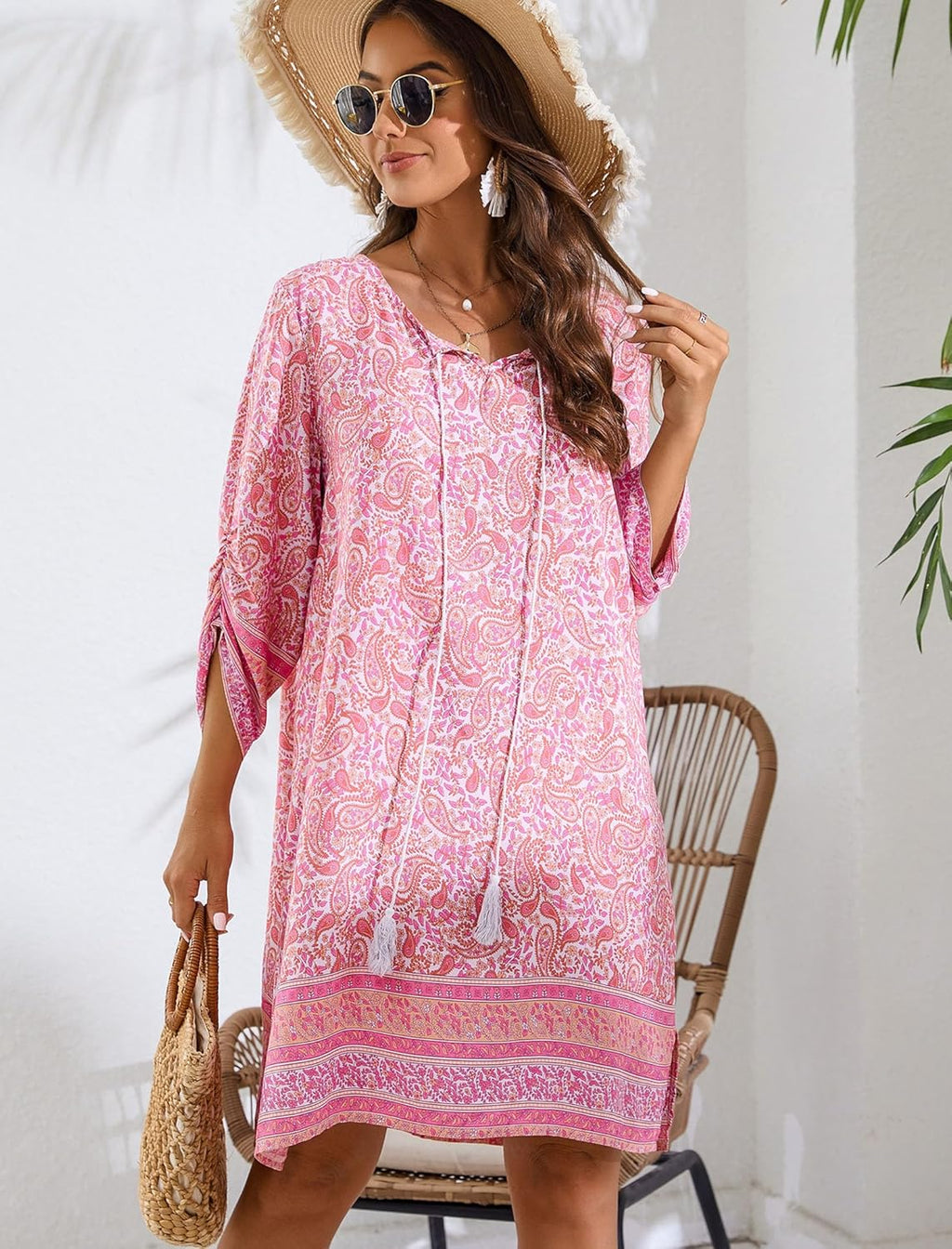 Savannah Robe Boho Femme – Robe d'été Fleurie avec Manches 3/4 et Col en V