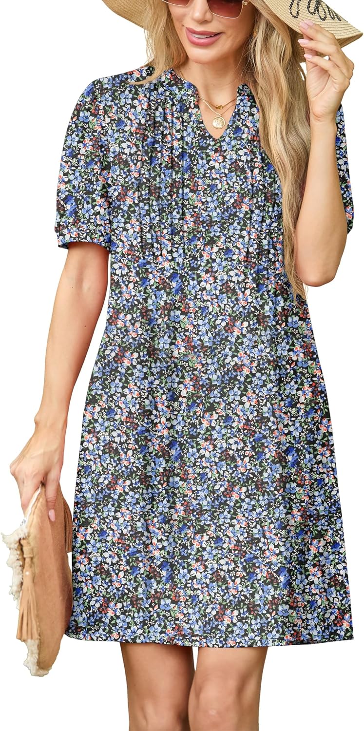 Elena Robe Femme T-shirt – Robe Col en V Manches Courtes Poches Décontractée d'Été