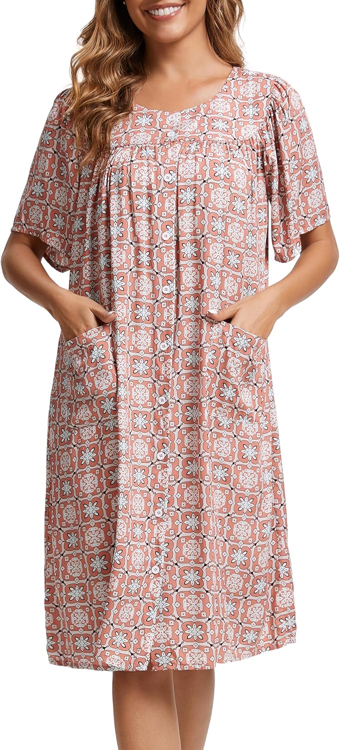 Marta Robe Maison Femme – Robe Confortable en Coton, Boutons et Poches Relax