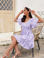 Robe Femme Martina Florale – Encolure V Smockée, Manches Volantées, Coupe A-Line Estivale