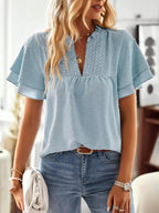 Aurora Blouse Femme – Col en V, Manches Volantées, Dentelle Crochet Bohème Élégante