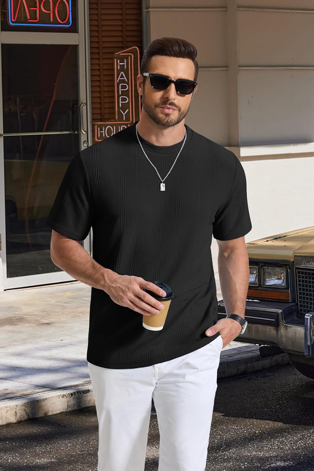 T-shirt Matteo pour homme en maille jacquard – T-shirt décontracté élégant à col rond