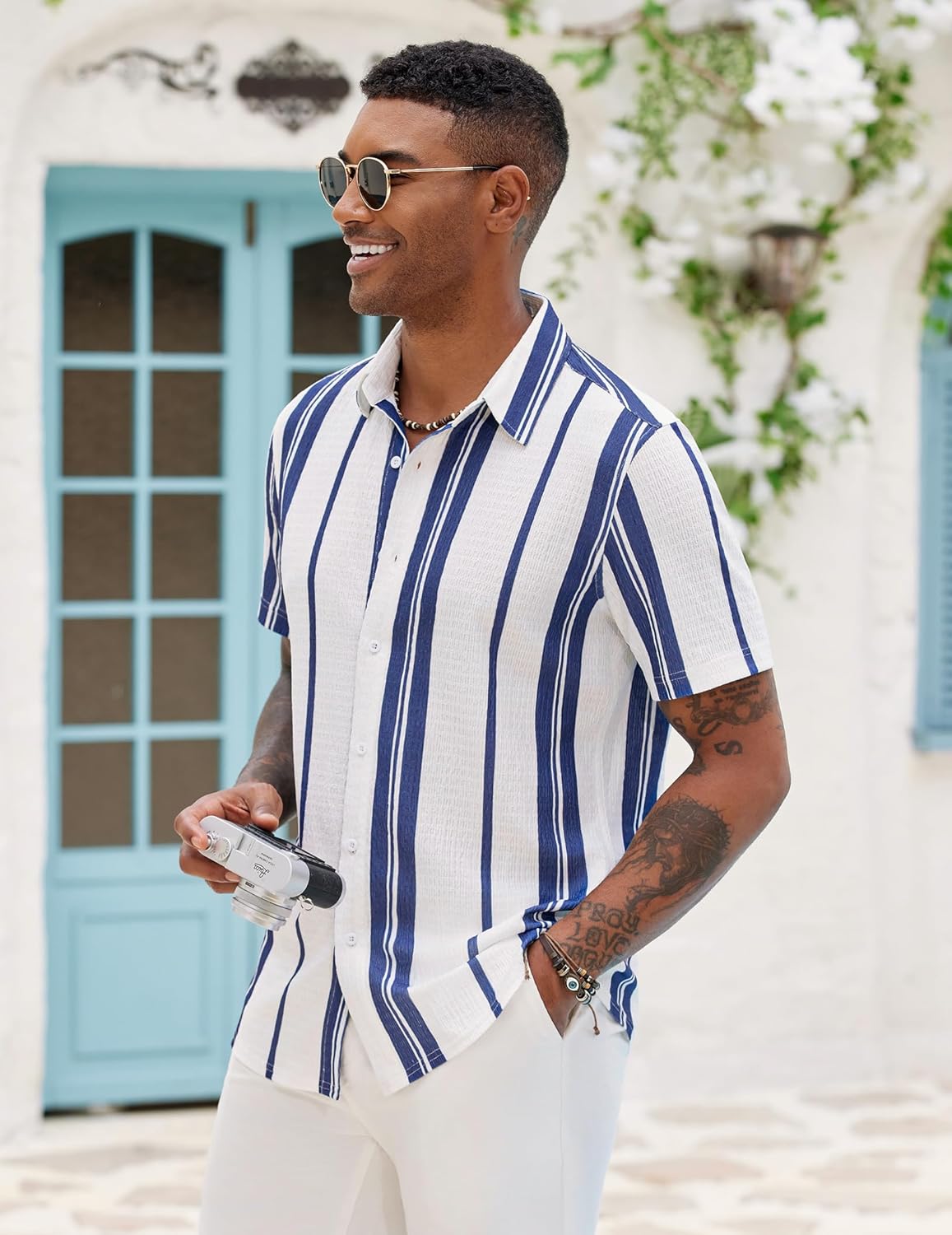 Camisa de hombre a rayas – Camisa de verano texturizada de manga corta