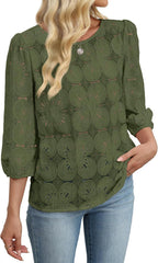 Magdalene Blusa Donna Encaje Sangallo – Mangas 3/4, Top Elegante Casual de Verano