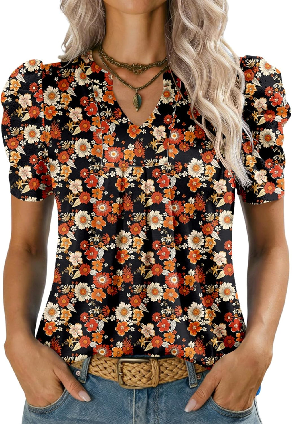 Valentina Haut Femme – Col V, Manches Bouffantes, Blouse Décontractée Élégante