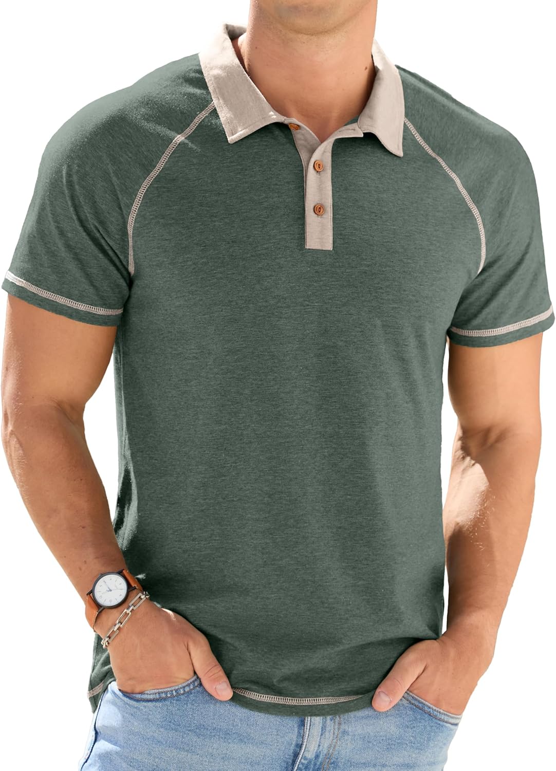 Polo Leo en coton pour homme – T-shirt d'été avec col raglan et boutons