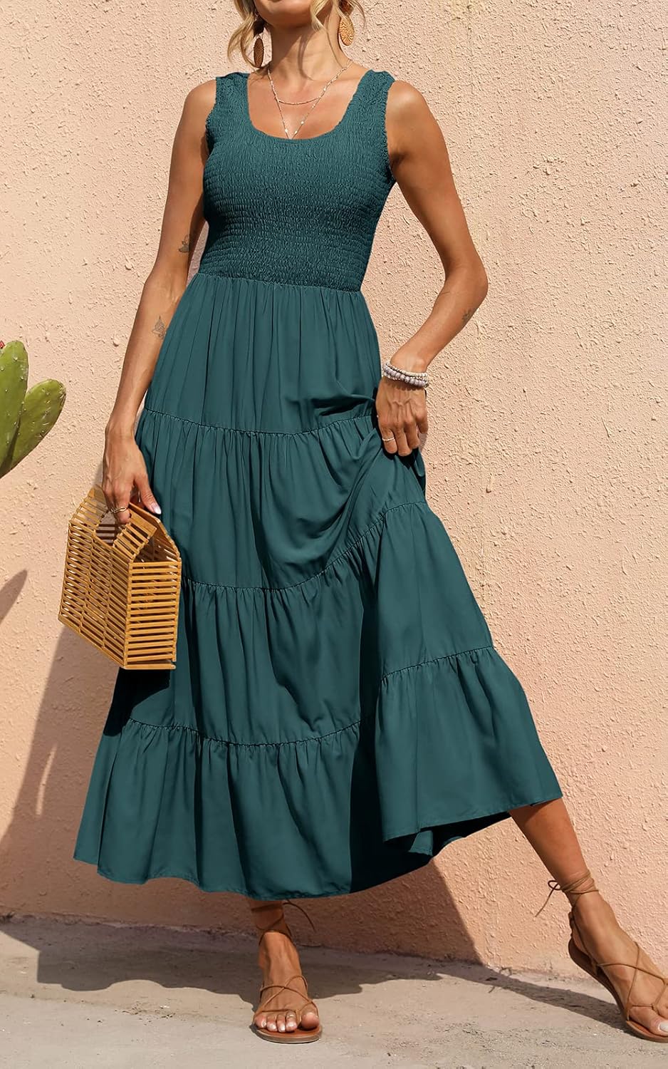 Sophie Robe Maxi Boho pour Femme – Robe Longue d'Été Smock Élégante Sans Manches