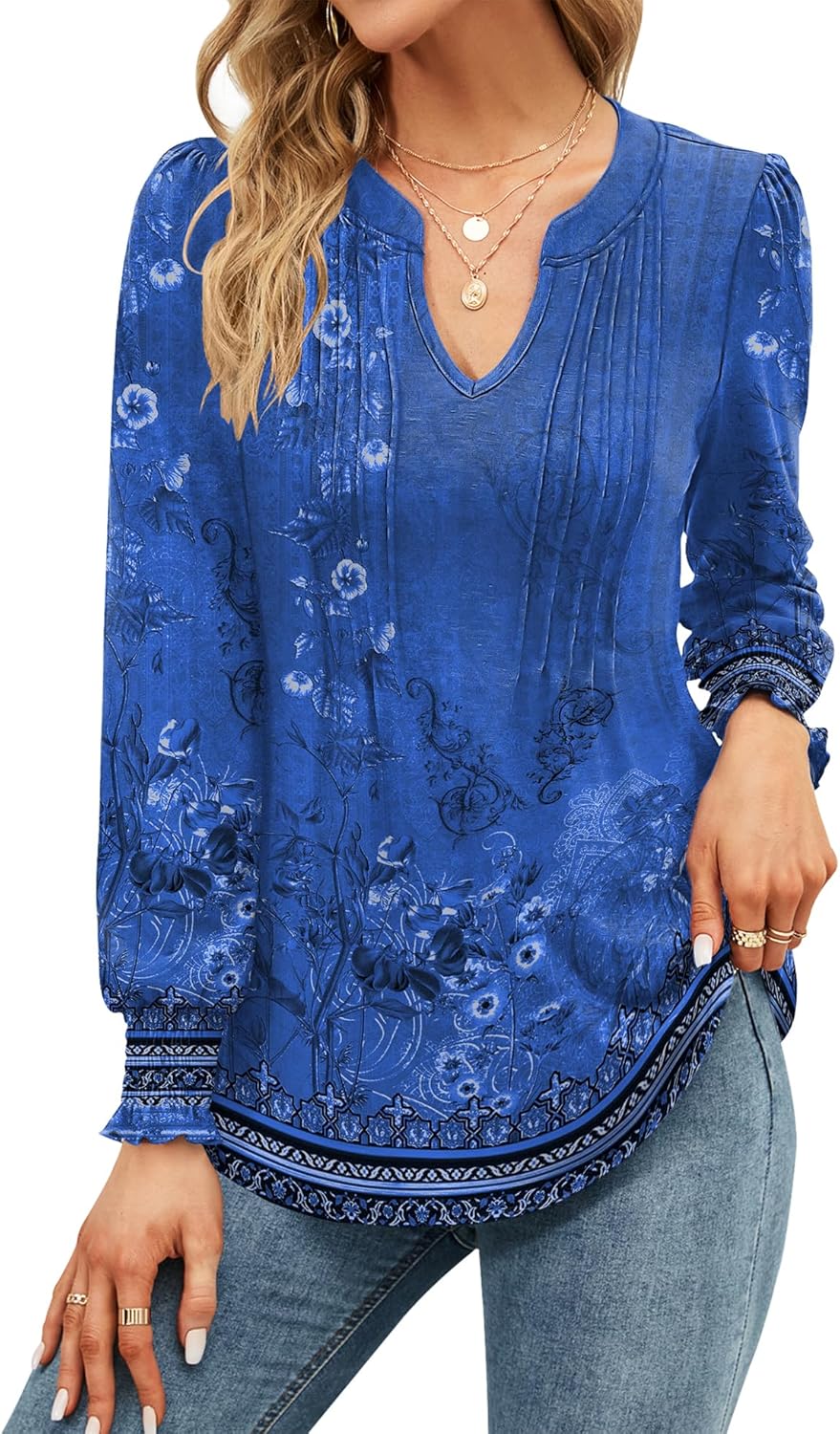 Francesca Blouse Femme – Col en V, Manches Bouffantes, Tunique Florale Décontractée