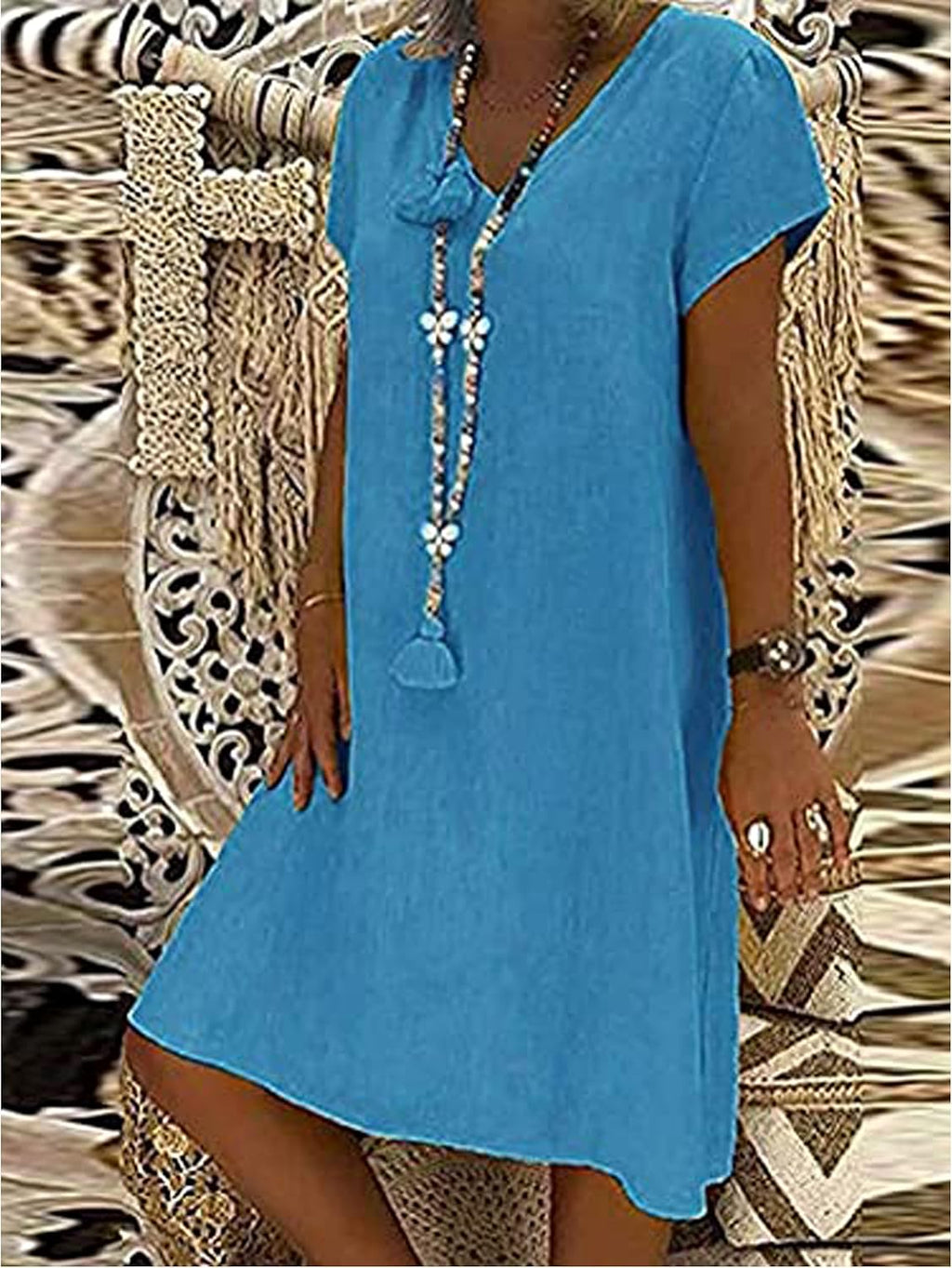 Martina Robe Longue d'Été pour Femme – Robe Décontractée en Lin avec Col en V Oversize