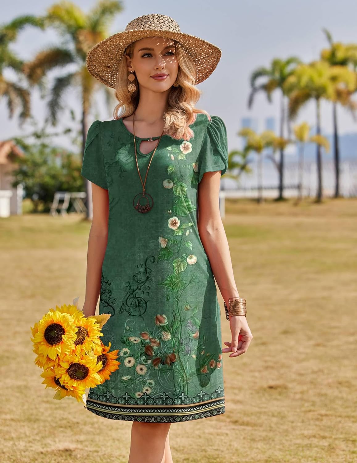 Vestido Midi Floral para Mujer Hanna – Mangas Cortas, Corte A, Bolsillos, Casual de Verano