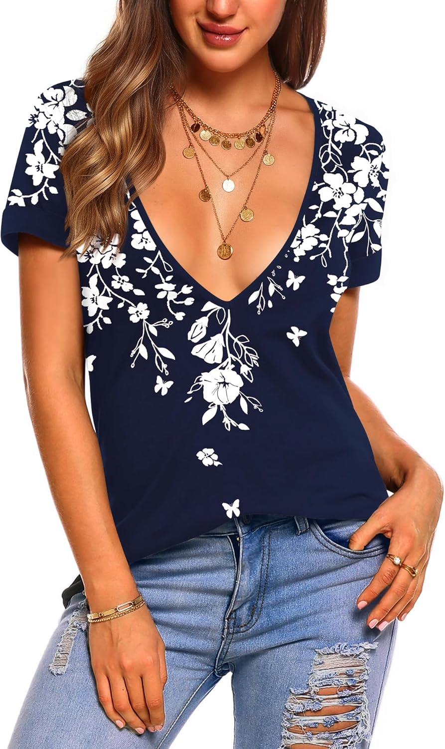 Bianca Top Donna – Scollo V Profondo, Maniche Corte, Casual Sexy Elegante