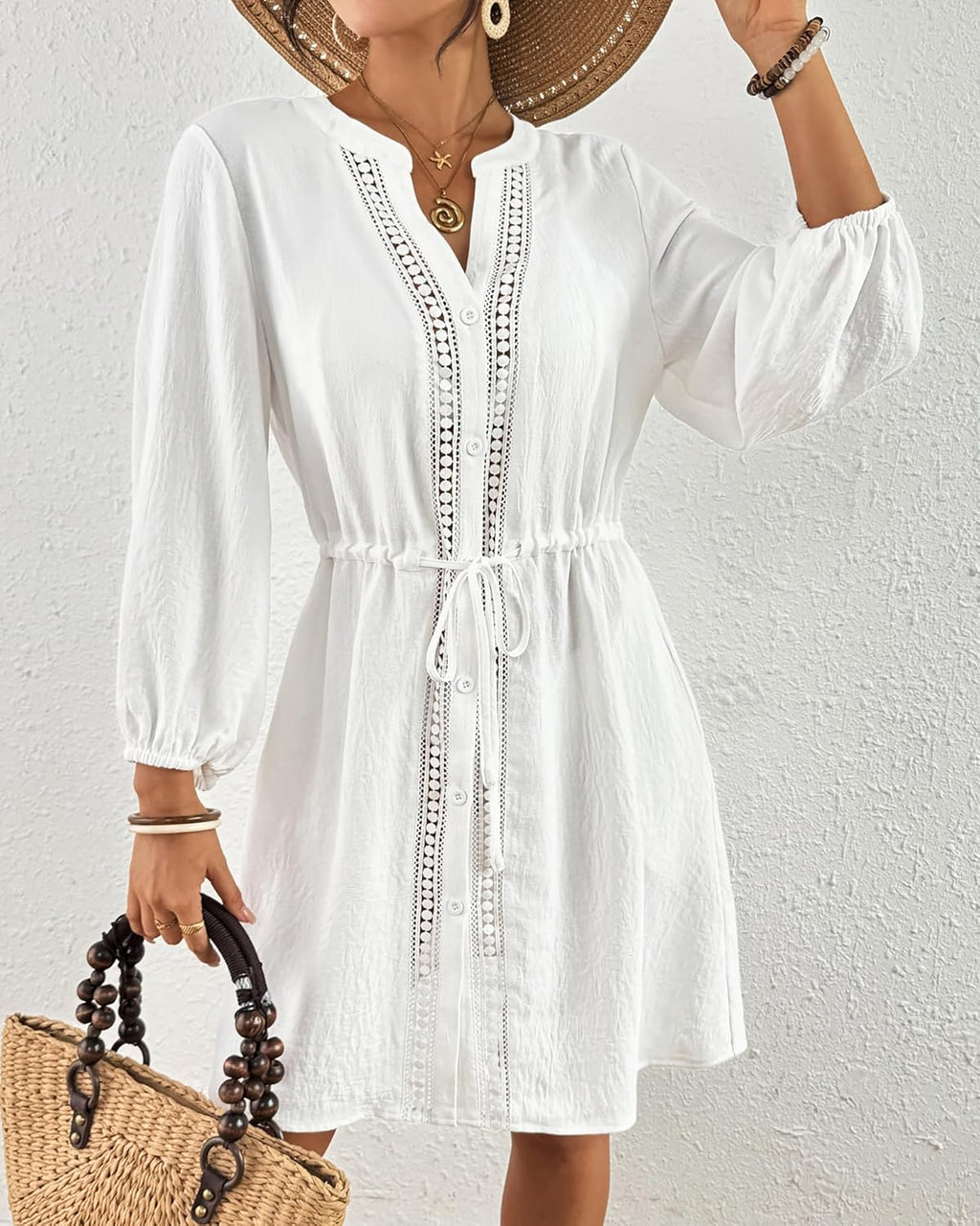 Elisa Robe de Plage Femme – Paréo Col V, Boutons, Cordon avec Poches