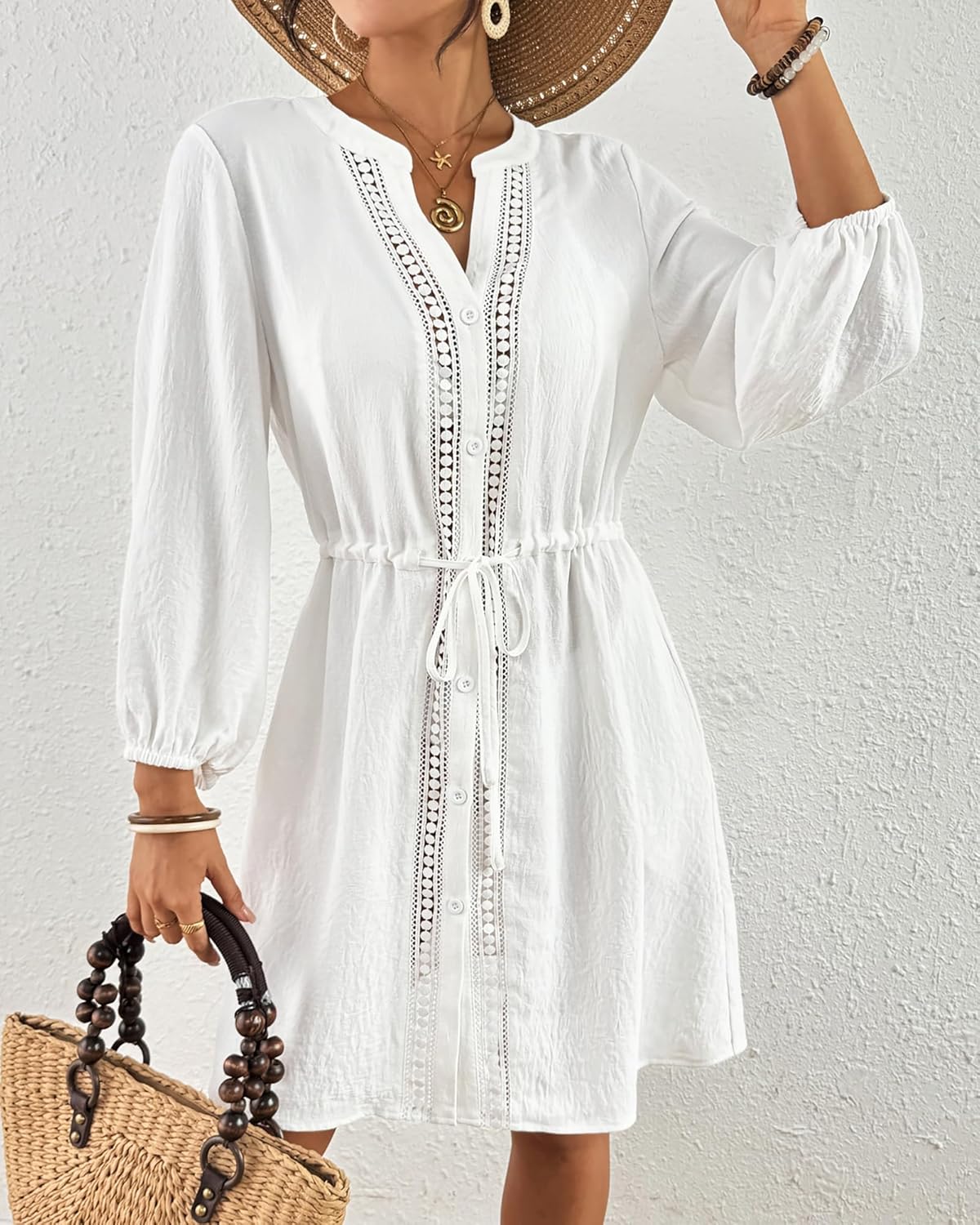Elisa Robe de Plage Femme – Paréo Col V, Boutons, Cordon avec Poches