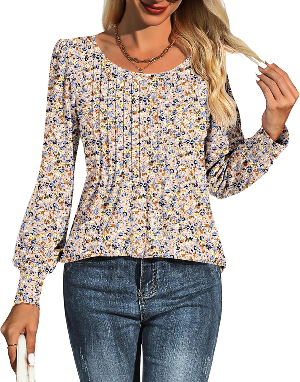 Chiara Blouse Femme – Tunique Plissée, Manches Longues Bouffantes, Décontractée Élégante