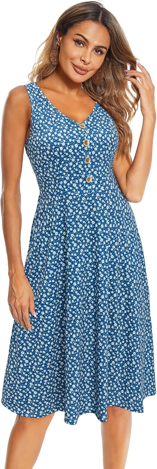 Melany Robe Femme Midi Florale – Col V, Sans Manches, Poches Été