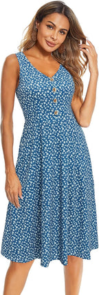 Melany Robe Femme Midi Florale – Col V, Sans Manches, Poches Été