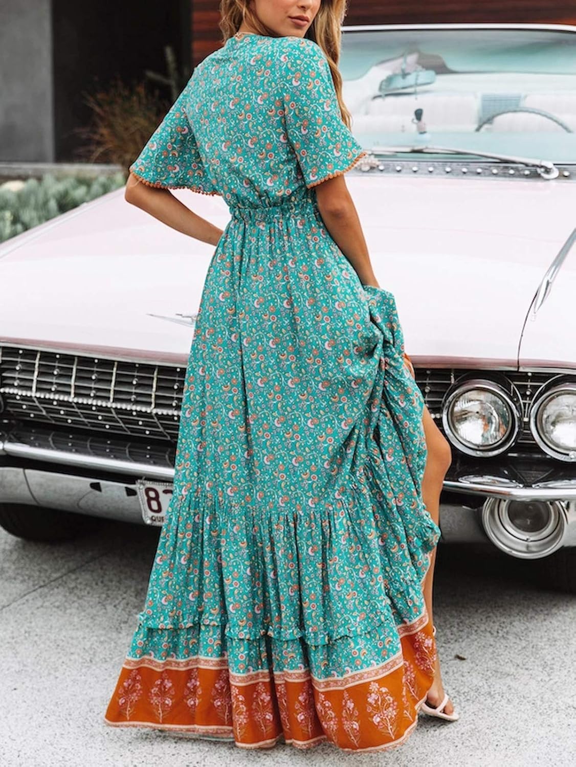 Elisa Robe Femme Maxi Bohème – Col en V Boutons, Robe Florale d'Été Élégante