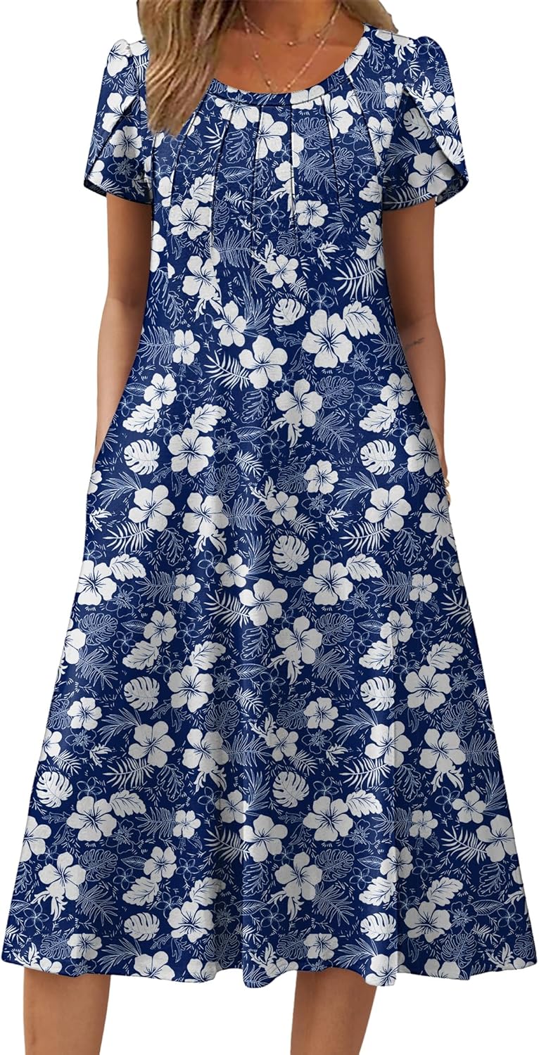 Sofia Robe d'Été Femme – Robe Midi Florale Décontractée avec Poches et Manches Courtes