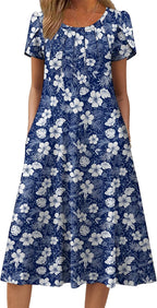 Sofia Robe d'Été Femme – Robe Midi Florale Décontractée avec Poches et Manches Courtes