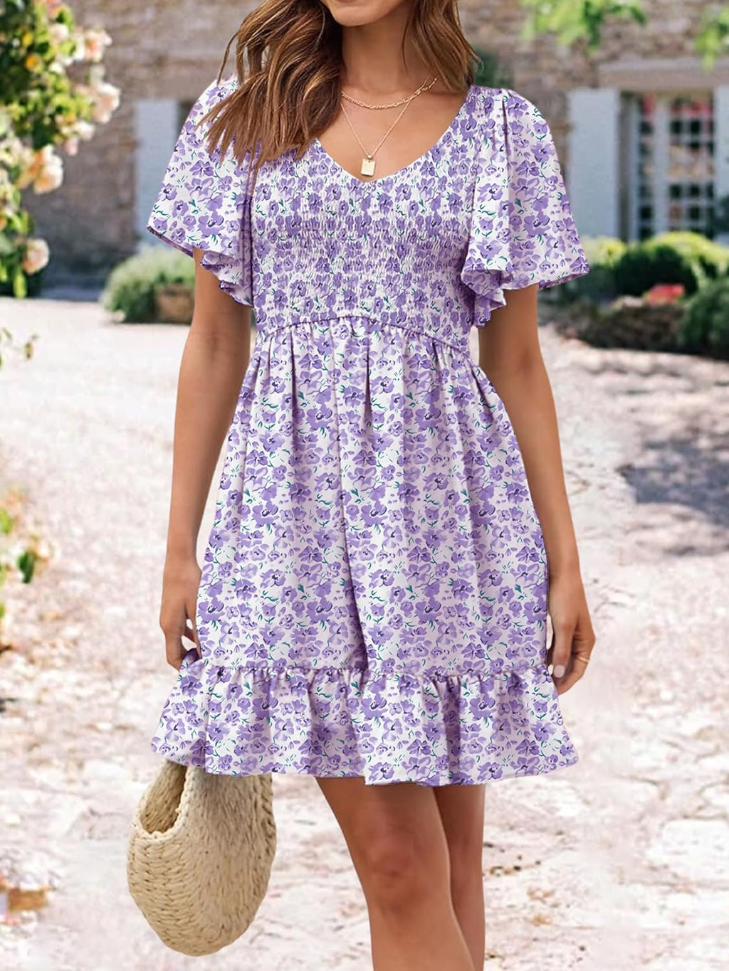 Robe Femme Martina Florale – Encolure V Smockée, Manches Volantées, Coupe A-Line Estivale