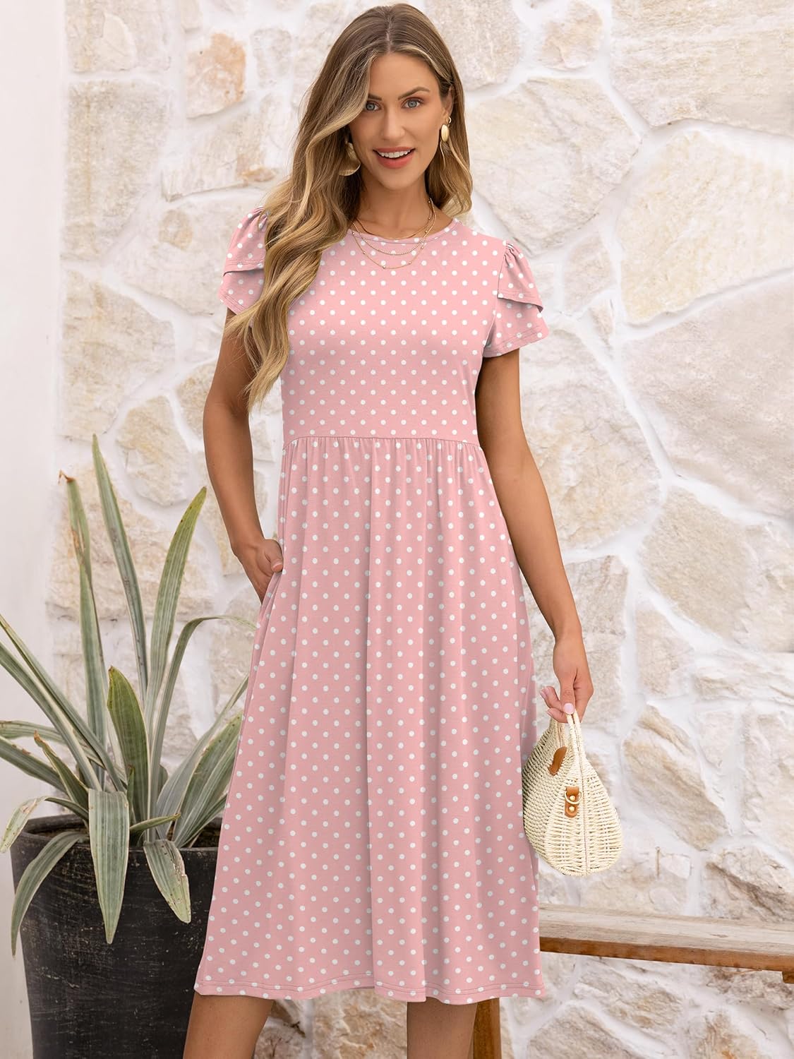 Robe midi florale Elisa pour femme – manches courtes, col rond, coupe trapèze avec poches