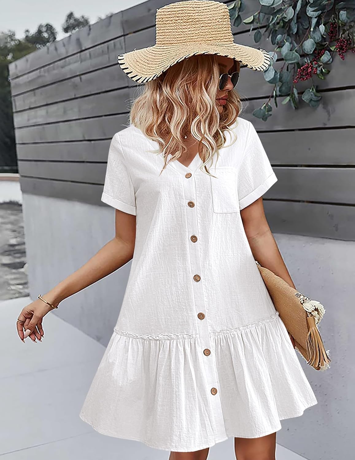 Lorenza Robe Femme – Robe en Lin Coton, Boutons, Volants, Décontractée Élégante