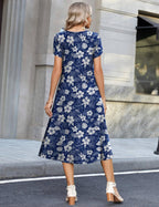 Sofia Robe d'Été Femme – Robe Midi Florale Décontractée avec Poches et Manches Courtes