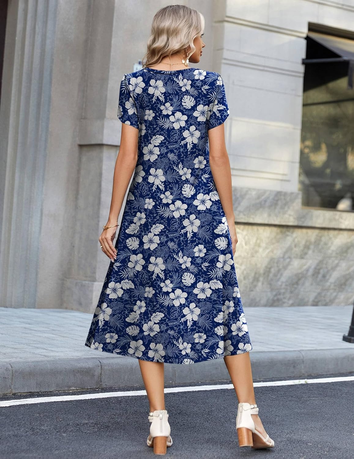 Sofia Robe d'Été Femme – Robe Midi Florale Décontractée avec Poches et Manches Courtes