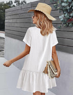 Lorenza Robe Femme – Robe en Lin Coton, Boutons, Volants, Décontractée Élégante