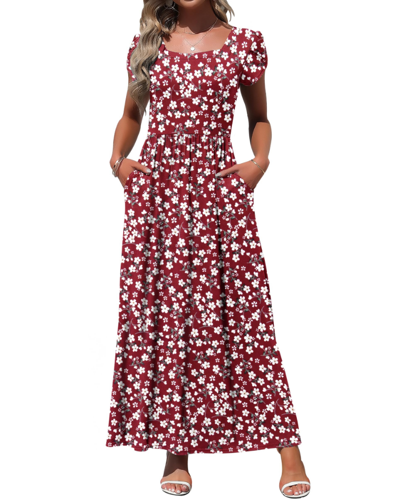 Amelia Vestido largo para mujer – Escote cuadrado, mangas de pétalo y bolsillos laterales