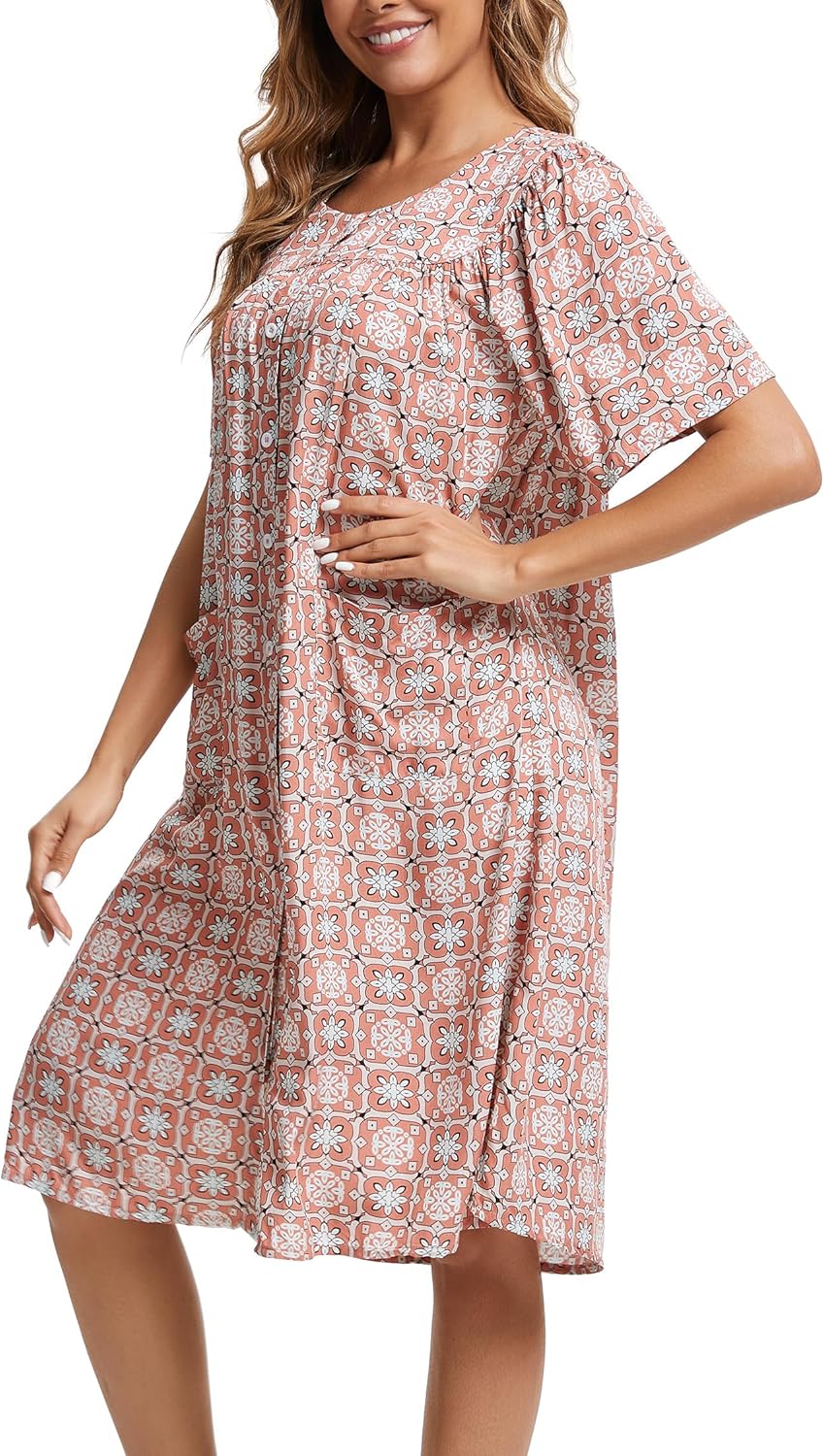 Marta Robe Maison Femme – Robe Confortable en Coton, Boutons et Poches Relax