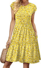 Marjorie Robe Femme Florale – Manches Courtes, À Volants, Coupe Évasée, Poches Été