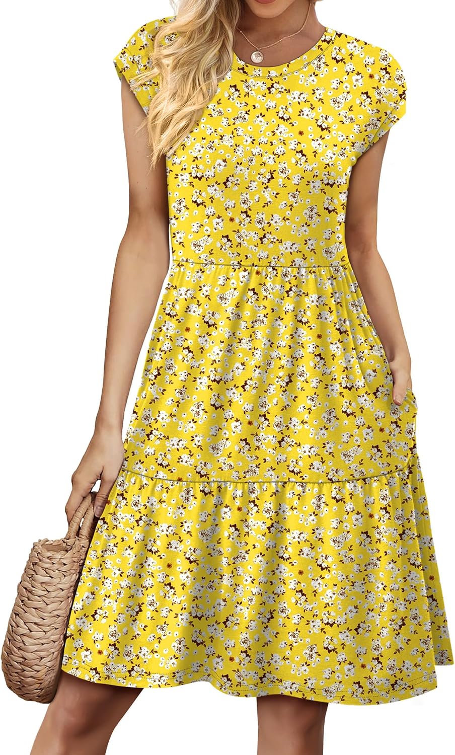 Marjorie Robe Femme Florale – Manches Courtes, À Volants, Coupe Évasée, Poches Été