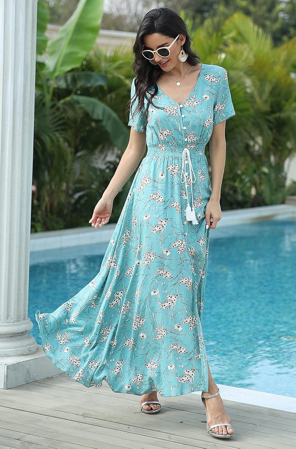 Robe maxi bohème Sienna pour femme – Robe fleurie avec col en V et boutons