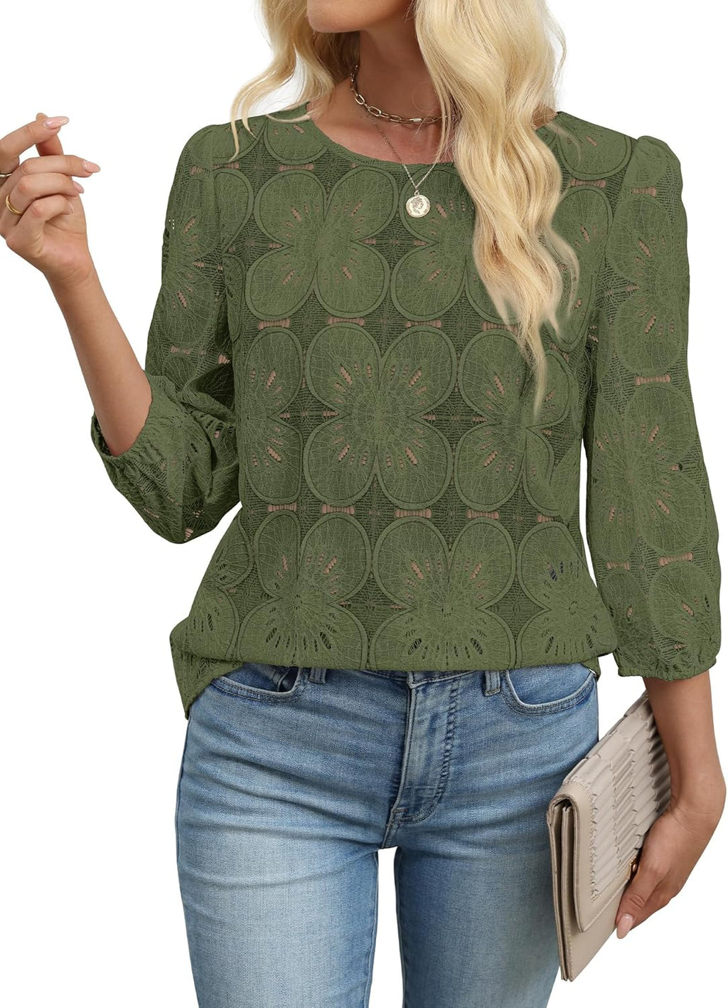 Magdalene Blusa Donna Encaje Sangallo – Mangas 3/4, Top Elegante Casual de Verano