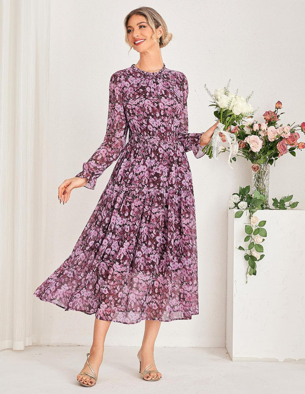 Chiara Robe Femme Maxi en Chiffon – Robe Florale à Manches Longues Élégante