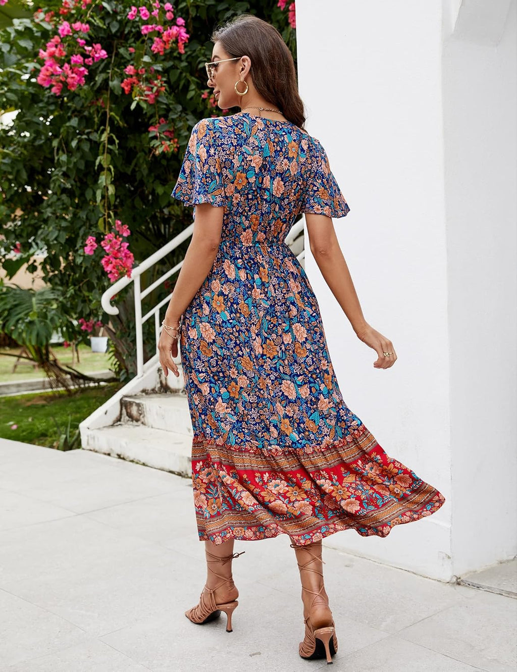 Elisa vestido bohemio midi para mujer – vestido de verano floral con escote en V y volantes