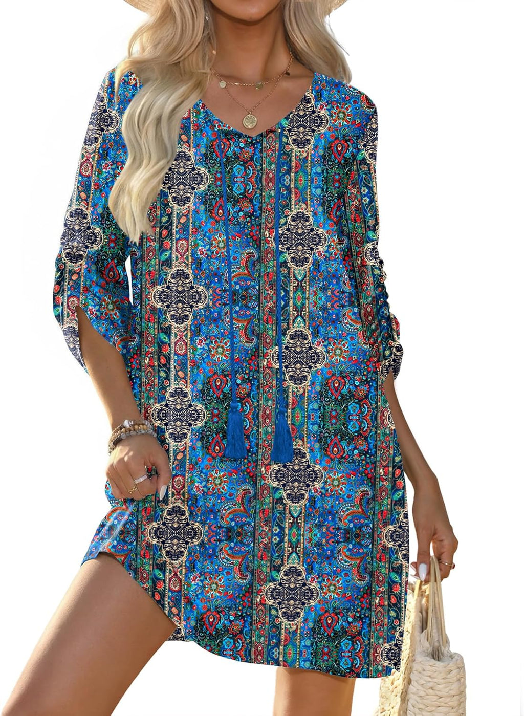 Bianca Robe Femme – Tunique Bohème Florale, Col en V, Manches 3/4 Décontractées