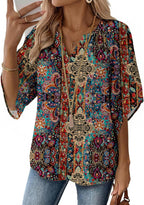 Sofia Blouse Femme – Bohème Florale, Col en V, Manches 3/4, Tunique Décontractée