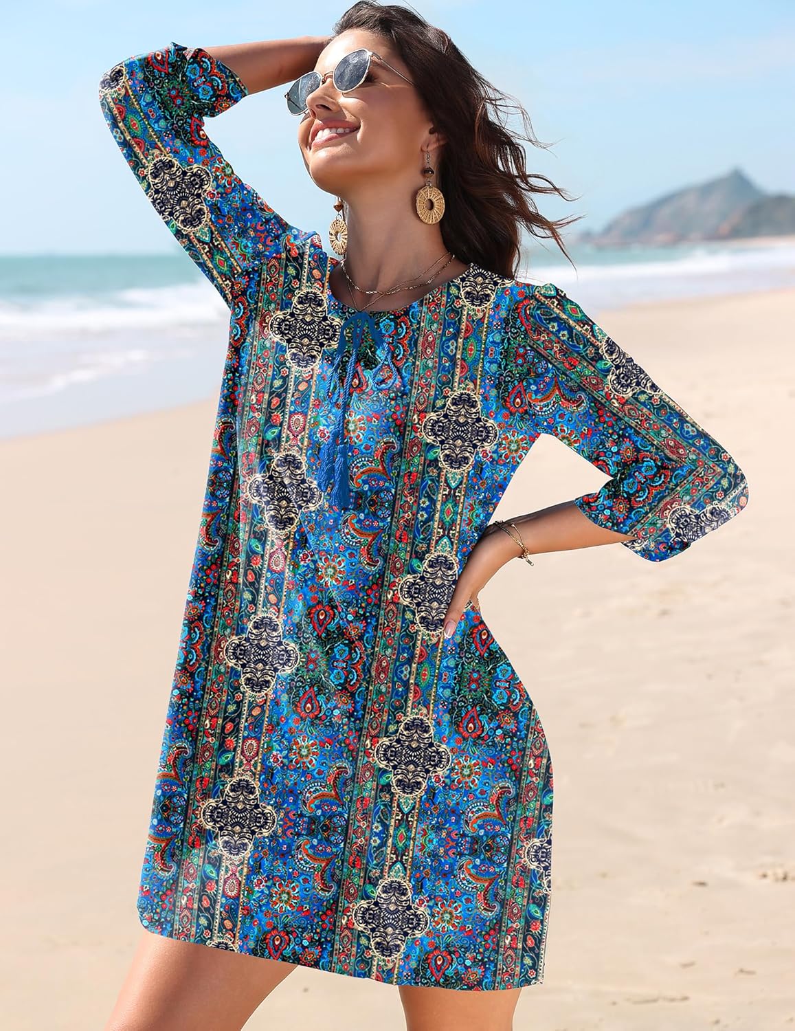 Bianca Robe Femme – Tunique Bohème Florale, Col en V, Manches 3/4 Décontractées